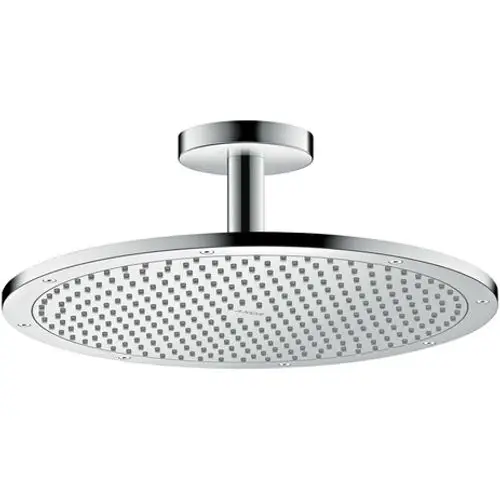 Deckenmontierte Kopfbrause aus Chrom mit runder, flacher Oberfläche und gleichmäßig angeordneten Wasserströmen, designorientiert von AXOR.